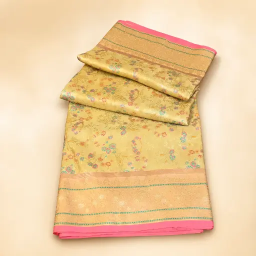 [37709001GQ39D1] Yellow Gold Banarasi Style Saree with Pink Border and Multicolor Floral Zari