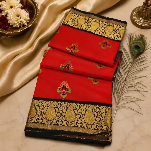 [55109001ND7760] Women's Red Silk Blend Saree with Black & Gold Zari Border
