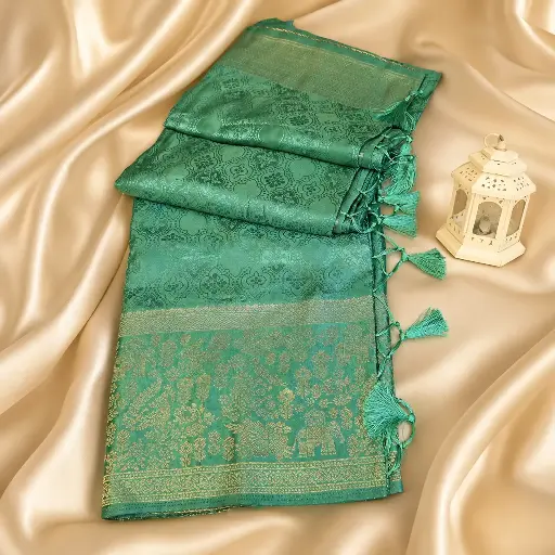 [07017001FX46E2] Sea Green Silk Saree with Gold Zari Weave, Tassel Edge & Floral Jacquard