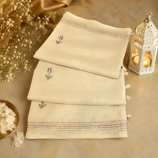 [49609001EP80E8] Elegant Beige Linen Cotton Saree with Hand Embroidered Floral Motifs & Tassel Pallu