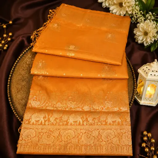 [05609001JJ40E6] Luxury Mustard Orange Banarasi Silk Saree with Elephant Zari Border & Paisley Weaving