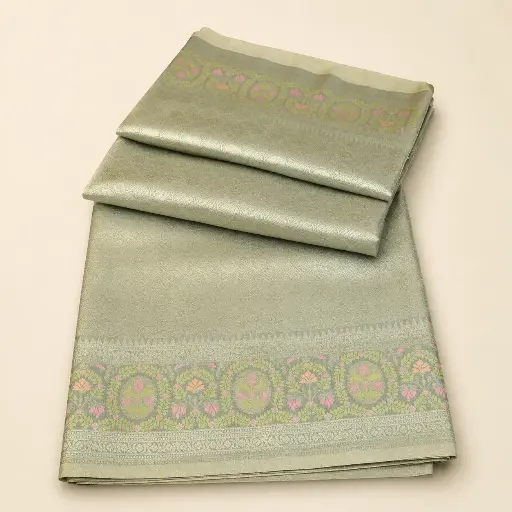 [54709001FT58E1] Sage Green Gold Banarasi Style Saree with Floral Zari Border