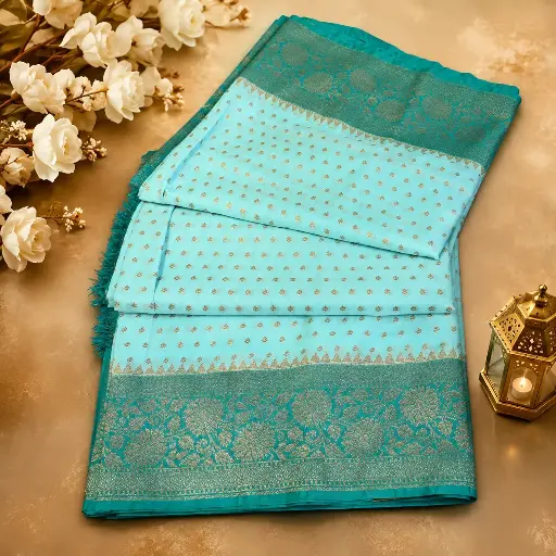 [94809001EJ38E5] Elegant Sky Blue Banarasi Silk Saree with Gold Buttis & Teal Zari Floral Border