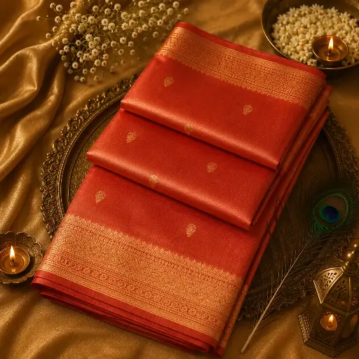 [96909001ER34E8] Peach Pink Banarasi Silk Saree with Gold Zari Buti & Rich Woven Border