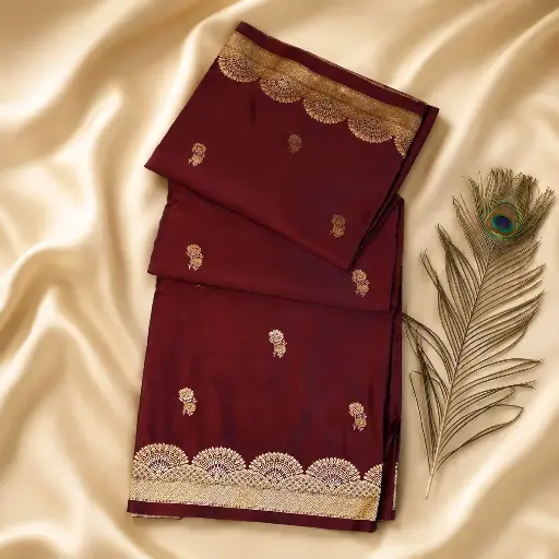 [96909001ER36E8] Maroon Silk Saree with Gold Zari Buti, Scallop Border & Peacock Feather Styling 