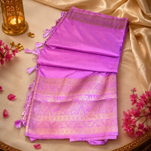 [96809082ER51E8] Elegant Lavender Purple Banarasi Silk Saree with Gold Zari Border & Tassels