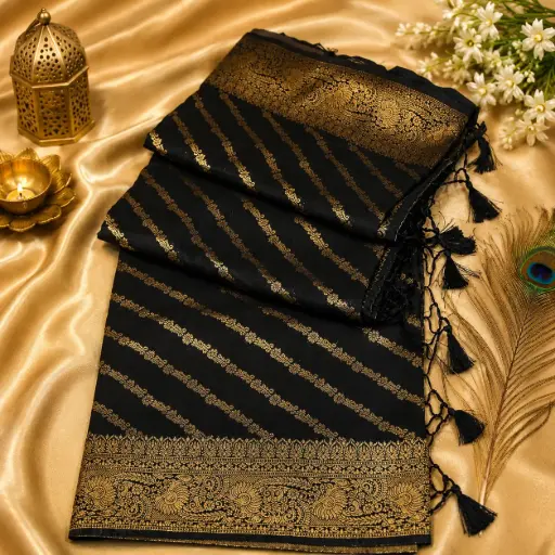 [96810082ER50E8] Black Banarasi Silk Saree with Gold Zari Stripes & Ornate Woven Border 
