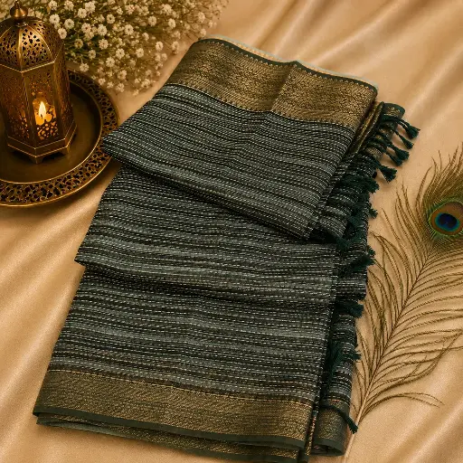 [54017012FZ47E2] Premium Teal Striped Woven Saree with Metallic Border & Tassels
