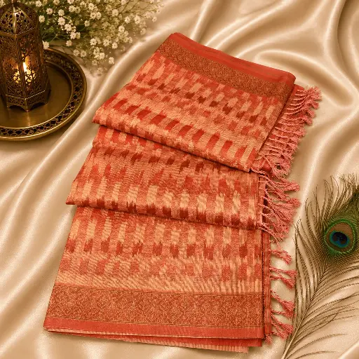 [54017012FZ48E2] Elegant Peach Ikat Pattern Saree with Woven Border & Tassels