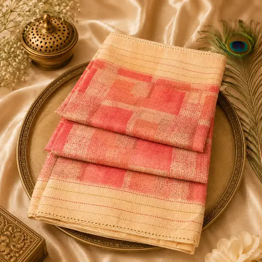 [54017012FZ50E2] Elegant Women's Peach & Cream Printed Cotton Blend Saree with Soft Texture