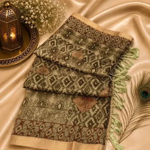 [54017012FZ52E2] Elegant Grey Ikat Print Saree with Embroidered Motifs & Tassel Border