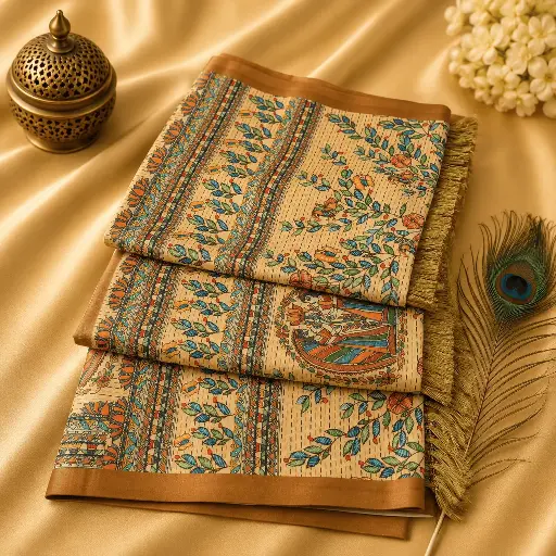 [54017001IM06A9] Cream Floral Printed Cotton Silk Saree with Tassels