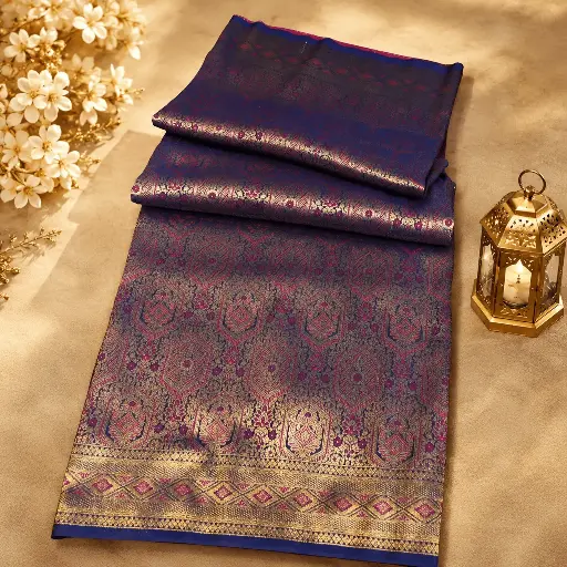 [54017001FZ82E2] Navy Blue Silk Saree with Pink Gold Brocade, Geometric Zari Border