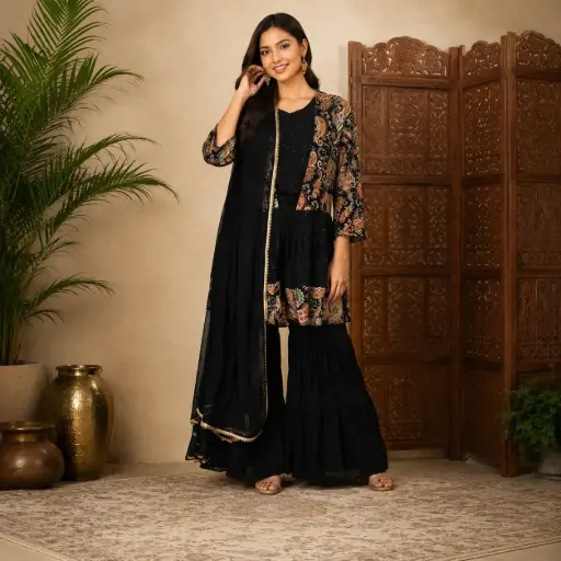 [00925002IT49B5] Women's Black Printed Kurta Sharara Set with Dupatta | Ethnic Party Wear Co-Ord Set