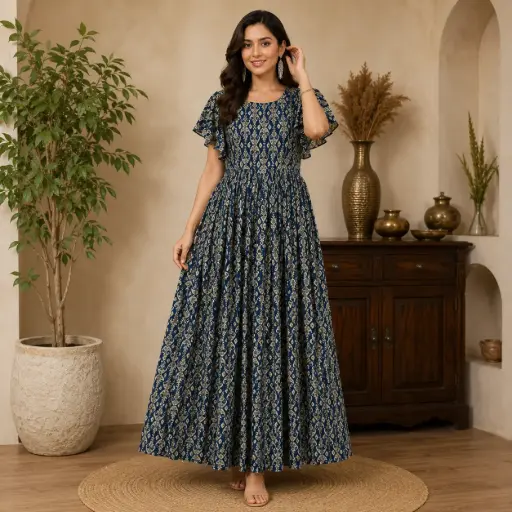[00925003IA15B5] Women's Navy Blue Printed Maxi Dress with Ruffle Sleeves Elegant Long Gown