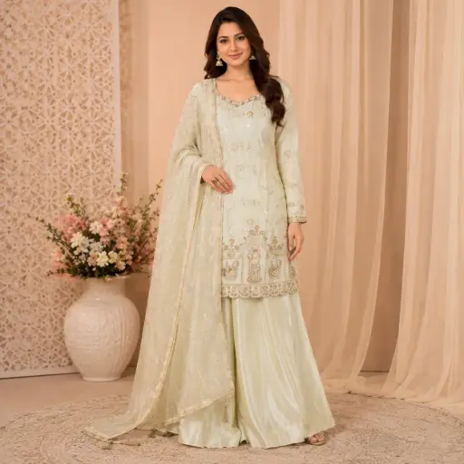 [96725001ER30E8] Women's Ivory Embroidered Kurta Palazzo Set with Dupatta | Elegant Ethnic Party Wear Suit