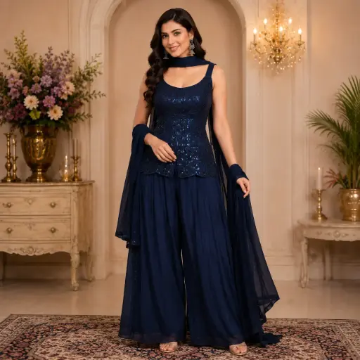 [96725001ER33E8] Women's Navy Blue Embroidered Palazzo Set with Sequin Work Top