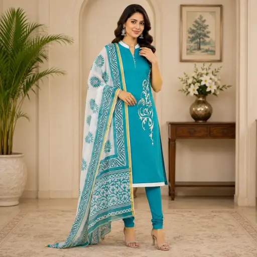 [27026003OU0358] Teal Blue Churidar Suit Set with Printed Dupatta