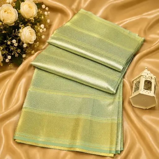 [54017001FZ90E2] Elegant Mint Green Banarasi Silk Saree with Golden Zari Border and Subtle Woven Pattern