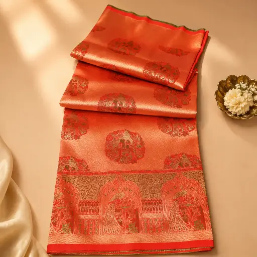 [54017001FZ87E2] Rust Orange Silk Saree with Gold Zari Peacock Border & Brocade Motifs