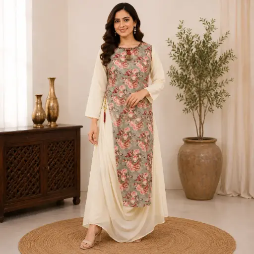 [DRESSES - 401] Women's Cream Floral Printed Ethnic Dress with Draped Layer Design, Elegant Indo-Western Kurti