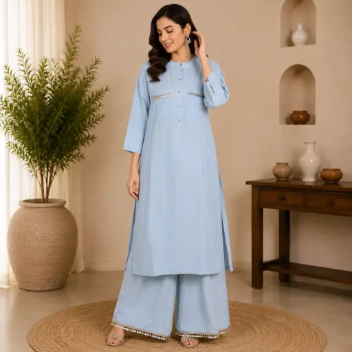 [03143001IC83A7] Elegant Sky Blue Kurta Palazzo Set for Women with Straight Fit Kurta