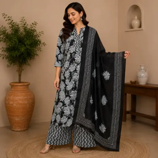 [68143001FH60D7] Elegant Black & White Printed Kurta Palazzo Set with Dupatta