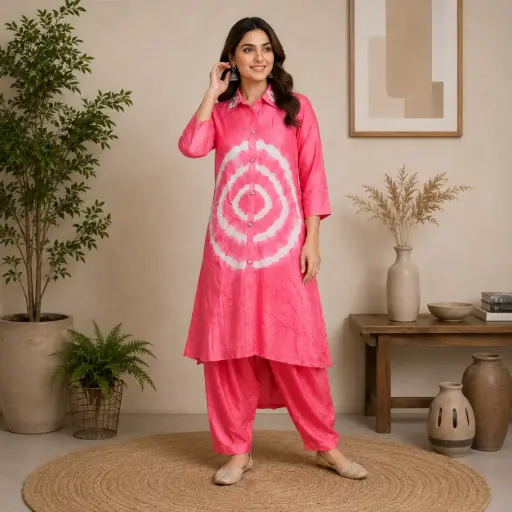 [89343001GU56D2] Women's Tie Dye Kurti Pant Set | Stylish Collared Ethnic Wear with Embroidered Neck