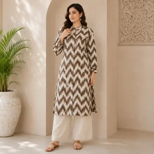 [97043001ER77F0] Women's Brown Ikat Print Straight Kurti | Mandarin Collar Button Down Ethnic Kurta