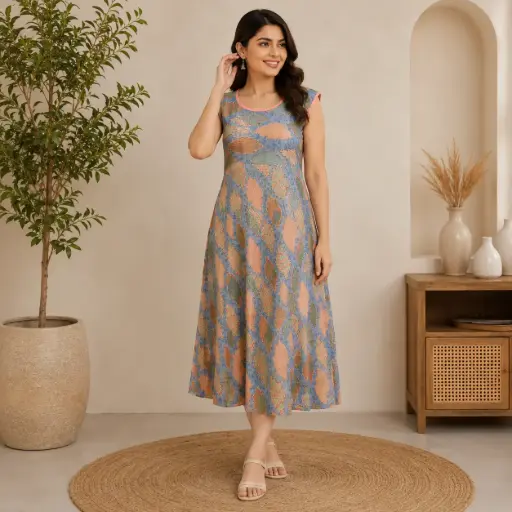 [52306001OT1058] Women's Sleeveless A-Line Printed Kurti | Elegant Casual Ethnic Dress with Round Neck