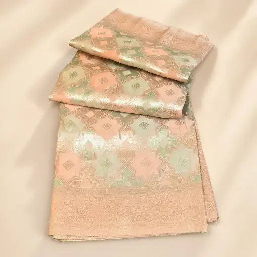 [54017001SM88B2] Peach Gold Banarasi Style Saree with Geometric Zari Weave