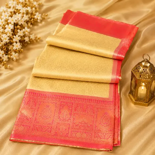 [54017001EQ70E8] Beige Gold Silk Saree with Coral Pink Zari Border & Jacquard Weave