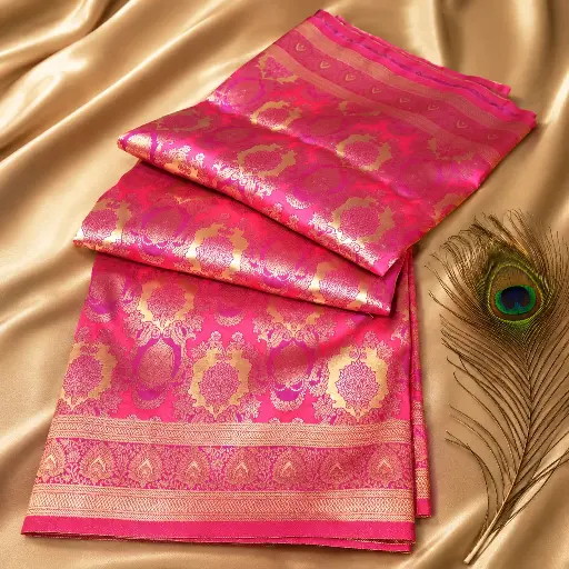 [54017001EA39E2] Rani Pink Silk Saree with Gold Brocade Work & Zari Border