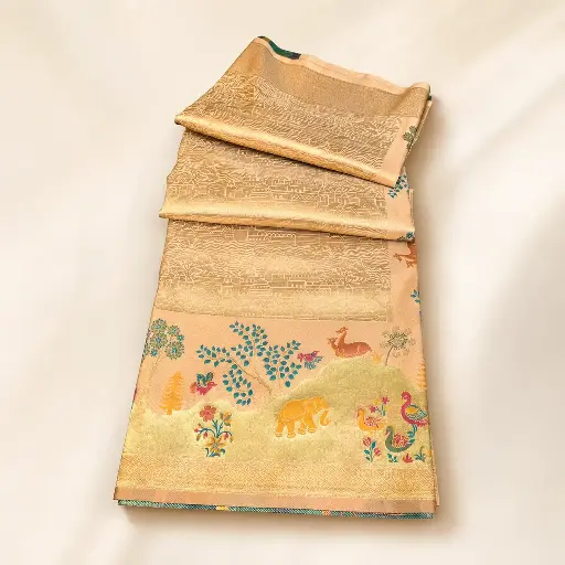 [54017001FZ88E2] Peach Gold Banarasi Style Saree with Animal Scene Zari Border