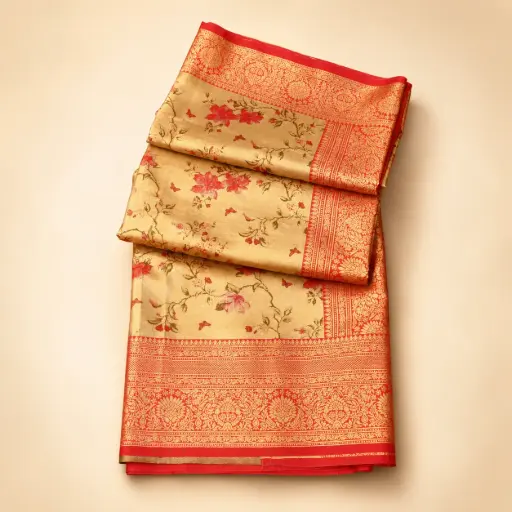[54017001FZ93E2] Gold Red Banarasi Style Saree with Floral Zari Border for Festive Wedding Party Wear Women Look Rich 