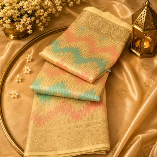 [29309001EA61E2] Elegant Cream Banarasi Silk Blend Saree with Pastel Zigzag Zari Weave & Designer Border for Women 