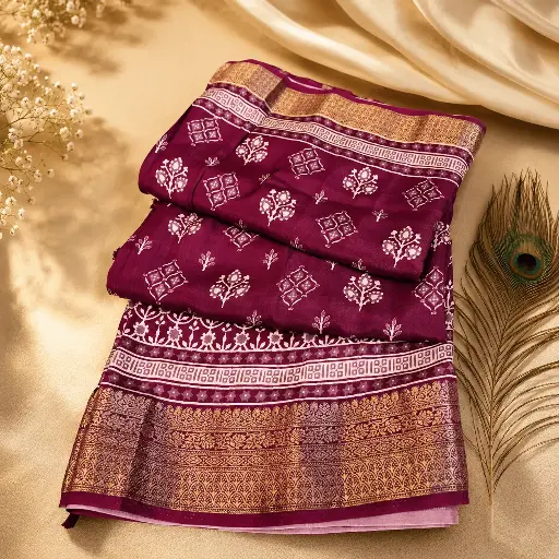 [74209001FO09E0] Elegant Purple Soft Silk Saree with Floral Buti Print & Rich Golden Zari Border