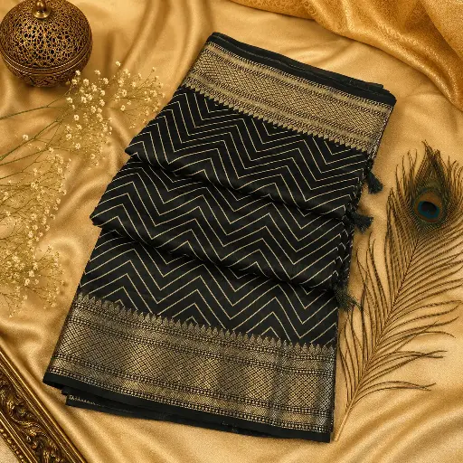 [74209001FO20E0] Black Kanjivaram Silk Saree with Silver Zari Chevron Weave & Rich Border