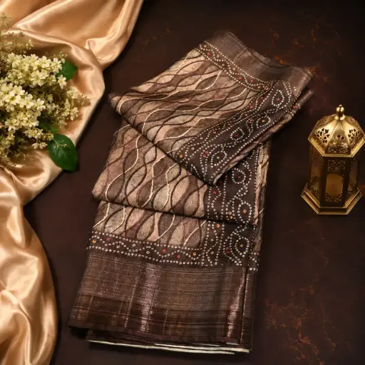 [74209001HF55B7] Brown Printed Silk Blend Saree with Abstract Leaf Design & Elegant Border