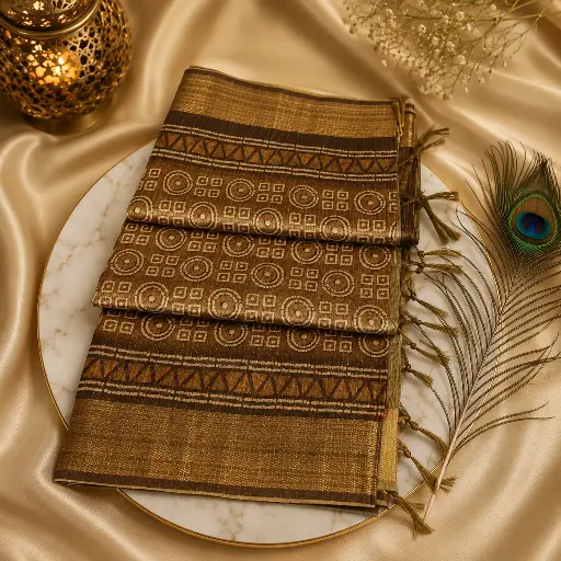 [74209001HG36B7] Elegant Brown Cotton Saree with Tribal Geometric Print & Golden Border