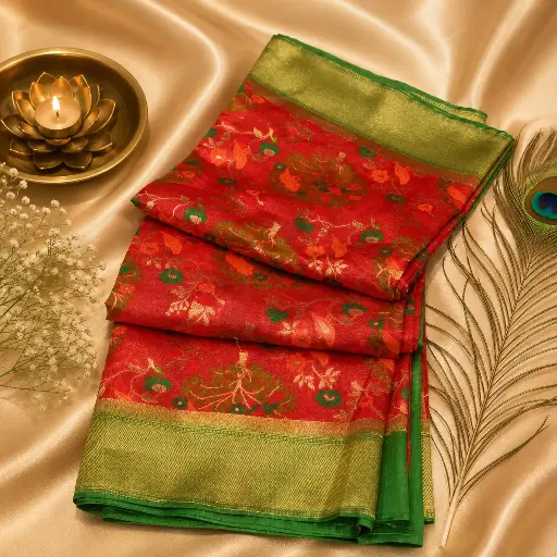 [03609001MQ9472] Women's Coral Pink Floral Silk Blend Saree with Green Zari Border