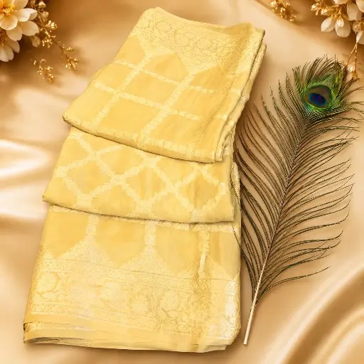 [20609001PS7553] Elegant Ivory Gold Banarasi Silk Saree with Geometric Weave & Rich Zari Border