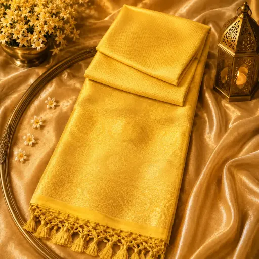 [64509001FB95D4] Golden Yellow Banarasi Silk Saree with Self Woven Jacquard Design & Elegant Tassel Pallu for Women 