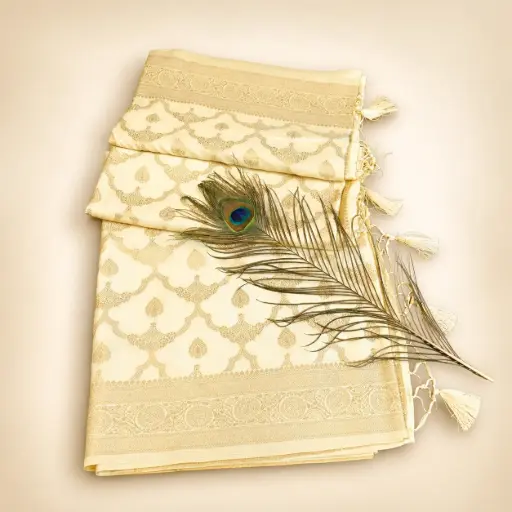 [64509001FC20D4] Cream Gold Banarasi Style Saree with Tassel Pallu and Traditional Zari Border Party Wear Look Women. 
