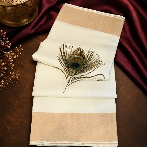 [63109001EH65E4] Elegant Kerala Kasavu Off White Cotton Silk Saree with Golden Zari Border
