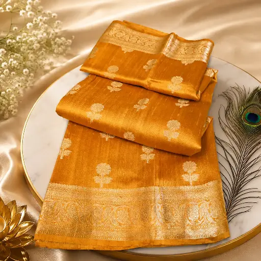 [80009001FO87E0] Elegant Mustard Gold Silk Saree with Silver Zari Floral Motifs & Rich Woven Border
