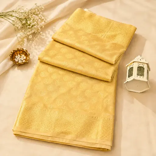 [74409001JS76A4] Light Gold Silk Saree with Jacquard Buti Weave & Woven Border