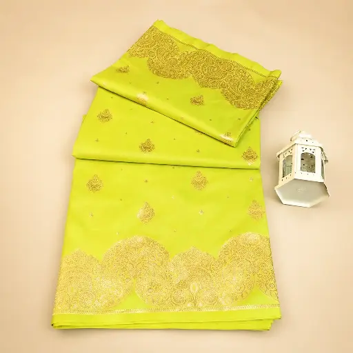 [74409011HH80B7] Lime Yellow Banarasi Style Saree with Gold Paisley Zari Border