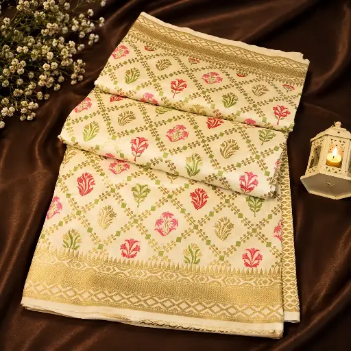 [74409011HH93B7] Elegant Ivory Floral Soft Silk Saree with Multicolor Woven Motifs