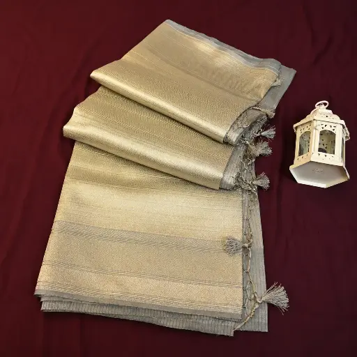 [80109001FO75E1] Elegant Gold Grey Banarasi Style Saree with Tassel Pallu and Woven Zari Border